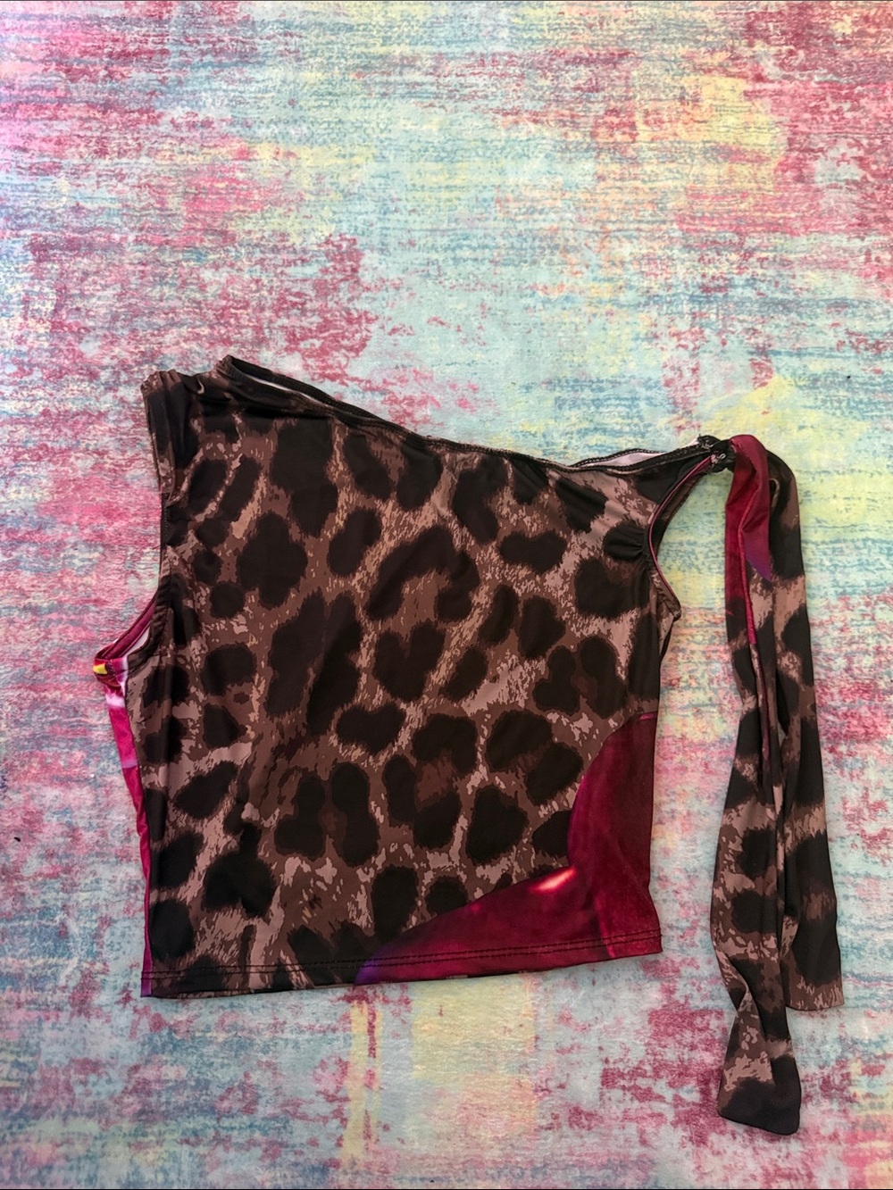Fashion Nova One-Shoulder Leopard Print Tank Top in Brown and Wine